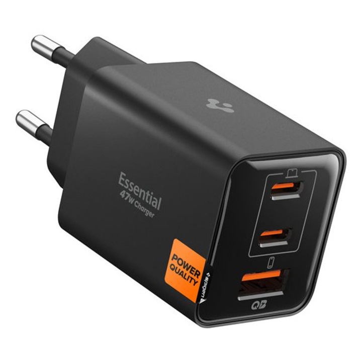 Încărcător rețea Spigen Essential EE473EU, 47W, 2x USB-C, 1x USB-A, Negru, 31,7x36,8x46,5mm