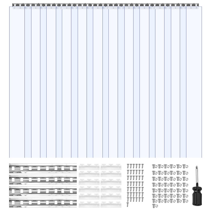 Perdea cu benzi PVC, Cortina pentru usi frigorifice, Inaltime 2, 4 m, Latime 2, 1 m, Grosime 2 mm, Set 14 benzi, Impermeabila, Pentru congelator/depozit/garaj, Transparent