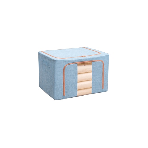 Organizator depozitare Macvi® 100 litri, cutie textila pliabila cu capac si fermoar, panou transparent pentru vizualizare si cadru metalic robust, ideala pentru haine voluminoase si depozitare