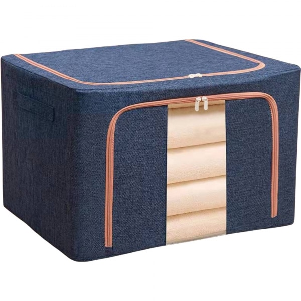 Cutie depozitare Macvi® 66L pliabila din material textil cu fermoar, fereastra transparenta si cadru metalic, organizator incapator pentru haine si articole casnice