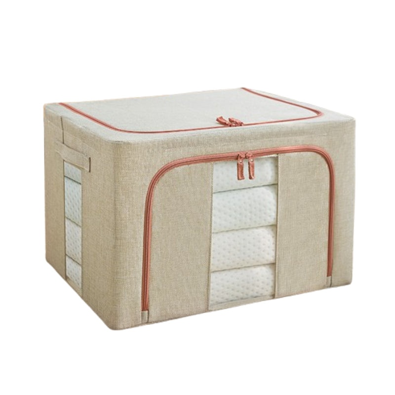 Organizator depozitare Macvi® 100 litri, cutie textila pliabila cu capac si fermoar, panou transparent pentru vizualizare si cadru metalic robust, ideala pentru haine voluminoase si depozitare