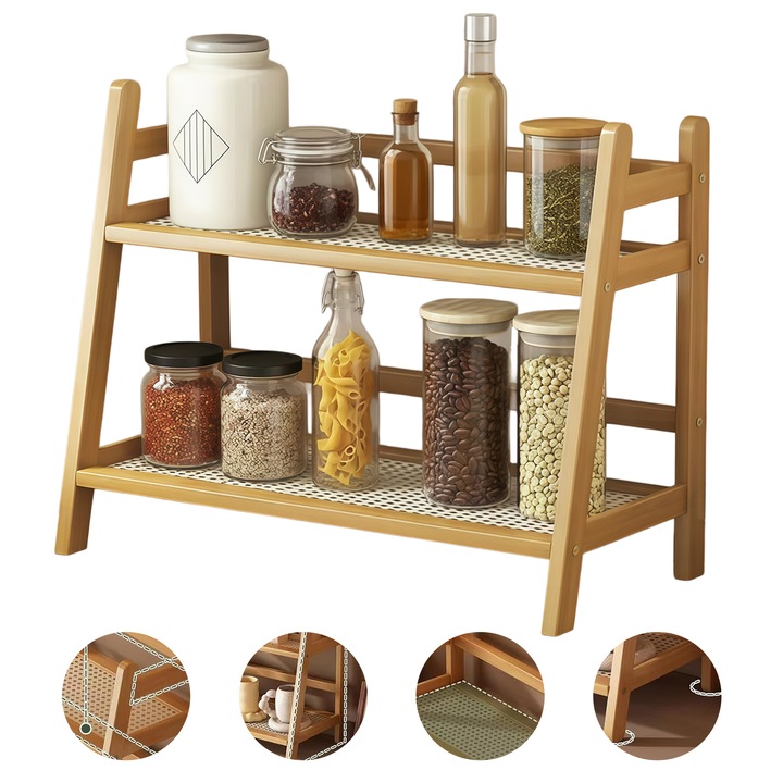 Set suport condimente 2 niveluri, Wacorresi, bambus natural, design modern, 39x29x18cm, culoare lemn