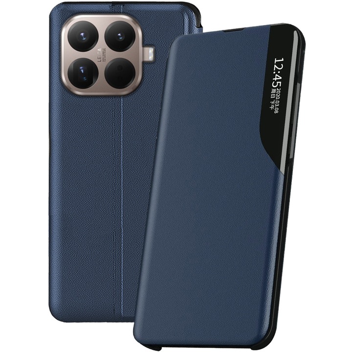 Husa carte pentru Xiaomi 15T Pro, Piele ecologica, PU Leather Smart View, Interior microfibra, Functie stand, Rama de plastic antisoc, Acoperire fata-spate, Functie inteligenta ceas digital, compatibila Always-On Display, Albastru inchis