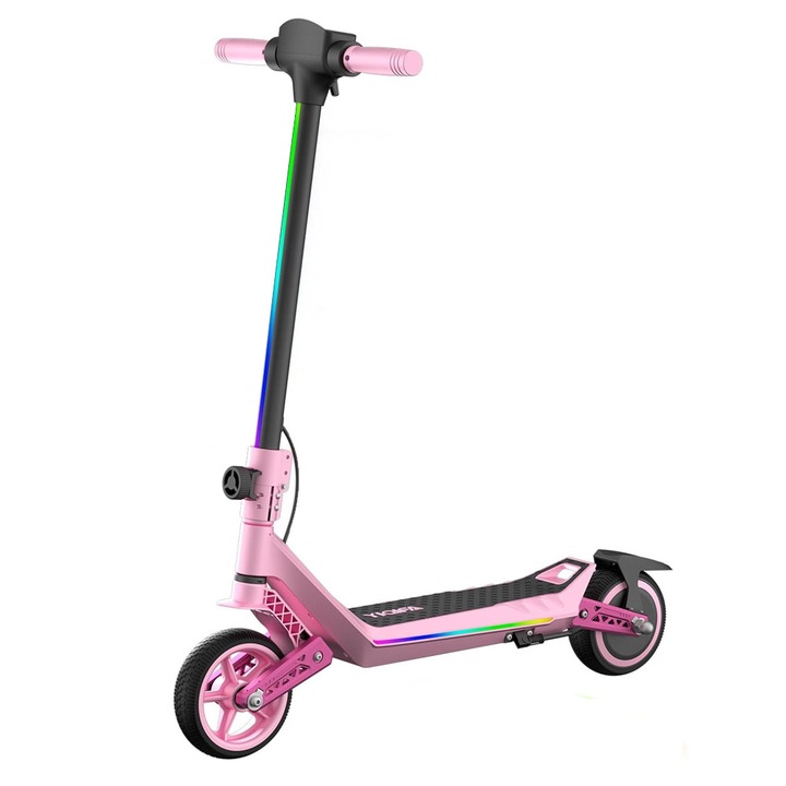 Електрическа тротинетка за деца RYDE U8, 3 скорости (8/12/16 км/ч), двойно окачване отпред/отзад, мотор 130W, пробег 10 км, сгъваема, 6–12 години, розова