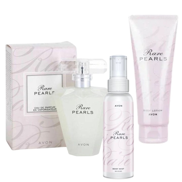Set parfum Rare Pearls Avon Cosmetics, 50 ml apa de parfum, 125 ml lotiune de corp, 100 ml spray de corp, floral-lemnos