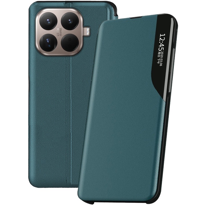 Husa carte pentru Xiaomi 15T Pro, Piele ecologica, PU Leather Smart View, Interior microfibra, Functie stand, Rama de plastic antisoc, Acoperire fata-spate, Functie inteligenta ceas digital, compatibila Always-On Display, Verde inchis