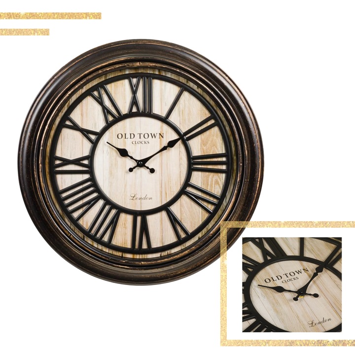 Декоративен стенен часовник HASEPE 50 см, Елегантен, Рамка с четка с големи римски цифри и фон с вдъхновяващи послания, Винтидж модел, OLD TOWN, Безшумен механизъм, БРОНЗ-ЧЕРЕН