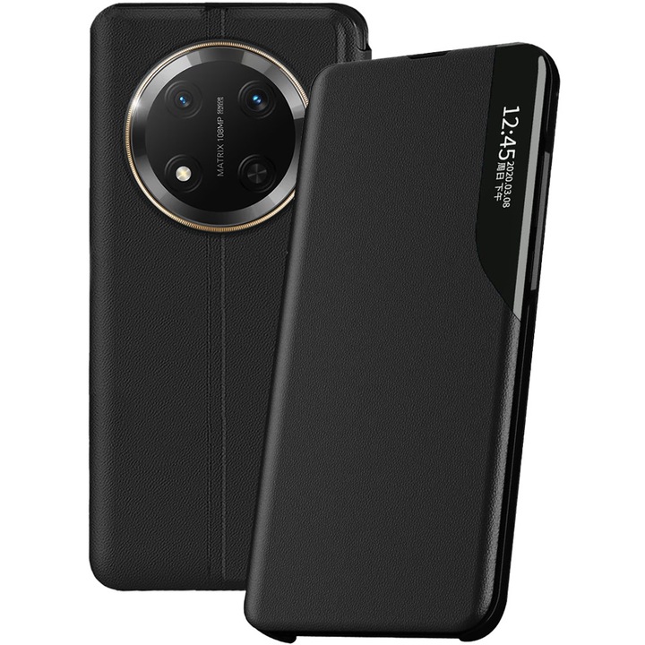 Husa carte pentru Honor Magic 7 Lite, Piele ecologica, PU Leather Smart View, Interior microfibra, Functie stand, Rama de plastic antisoc, Acoperire fata-spate, Functie inteligenta ceas digital, compatibila Always-On Display, Negru