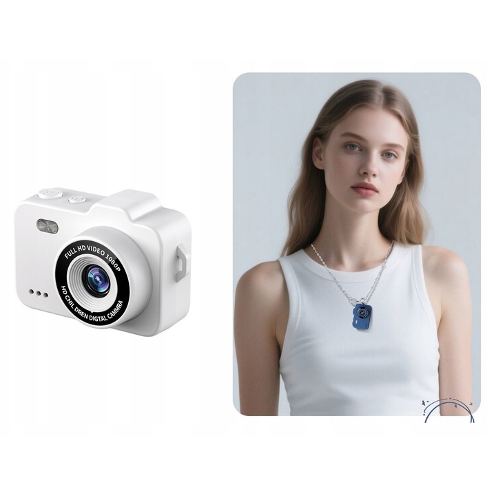 Mini camera digitală XREC X8, 12MP, Full HD, alb, set cu curea de mână