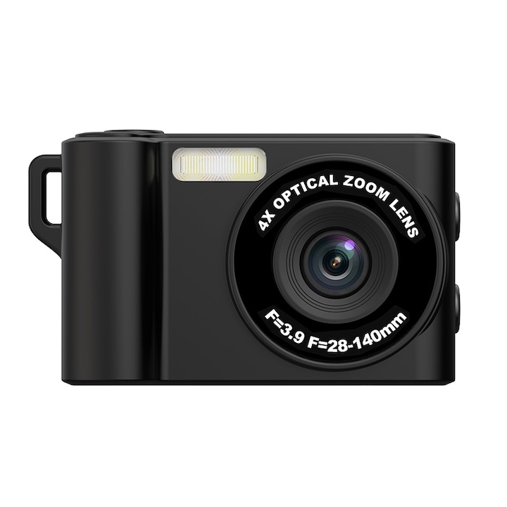 Aparat foto digital, zoom digital 4x, senzor de 48 megapixeli, inregistrare video HD 1080p, card de memorie de 32 GB, cititor de carduri USB, blit incorporat, baterie de 180 mAh, negru
