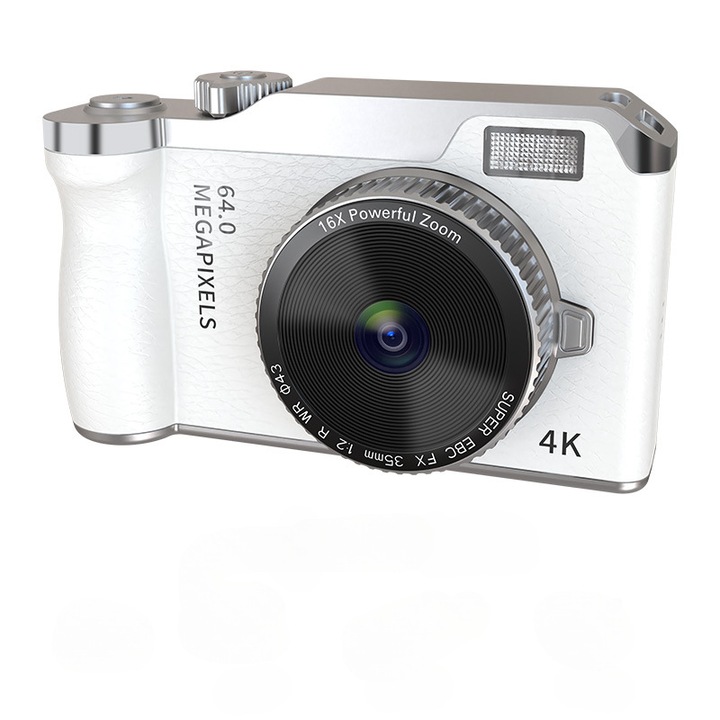 Aparat foto digital, 64 megapixeli, camera frontala si posterioara dubla, zoom 16x, blit LED, 4K HD, card de memorie de 32 GB, cititor de carduri USB, baterie de 600 mAh, alb