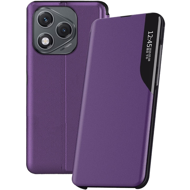 Husa carte pentru Honor 400 Lite, Piele ecologica, PU Leather Smart View, Interior microfibra, Functie stand, Rama de plastic antisoc, Acoperire fata-spate, Functie inteligenta ceas digital, compatibila Always-On Display, Mov