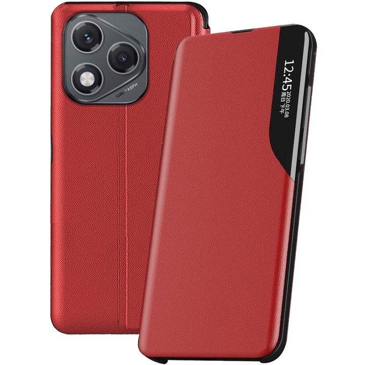 Husa carte pentru Honor 400 Lite, Piele ecologica, PU Leather Smart View, Interior microfibra, Functie stand, Rama de plastic antisoc, Acoperire fata-spate, Functie inteligenta ceas digital, compatibila Always-On Display, Rosu