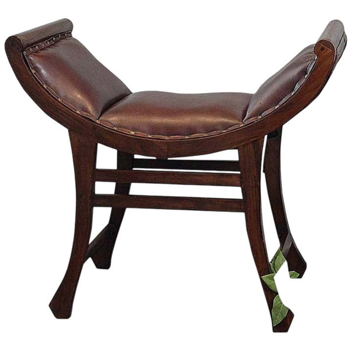 Banca din lemn de tec cu sezlong din piele, stil colonial, 120x40x45cm, maro