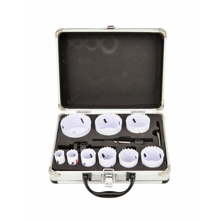 Set burghie bimetalice Awtools, 8 elemente, 22-64mm, cutie metalica, adancime taiere 40mm