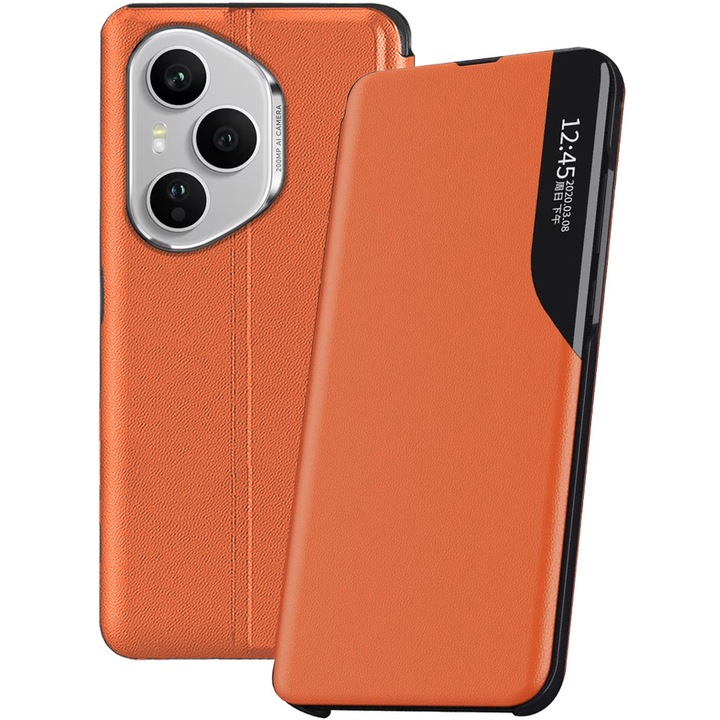 Husa carte pentru Honor 400 Pro, Piele ecologica, PU Leather Smart View, Interior microfibra, Functie stand, Rama de plastic antisoc, Acoperire fata-spate, Functie inteligenta ceas digital, compatibila Always-On Display, Portocaliu