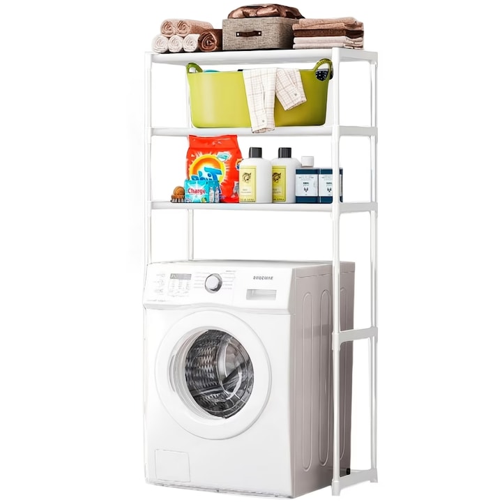 Raft modular Macvi® cu 3 polite pentru deasupra masinii de spalat, 63.5 x 30 x 154 cm, suport depozitare spatiu redus, Alb