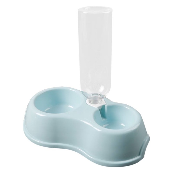 Bol dublu pentru mancare si apa cu dozator automat, pentru caine si pisica, 450 ml, plastic rezistent, Culoare Albastru Deschis