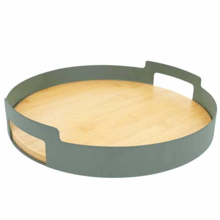 Tava rotunda decorativa pentru servire, Frandis, bambus si metal verde, Ø 30 cm, model 041292