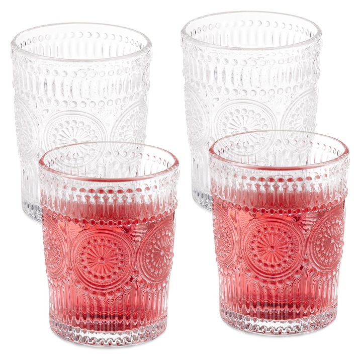 Set 4 pahare de baut Relaxdays, aspect vintage, 300 ml, 10 x 8 cm, transparent