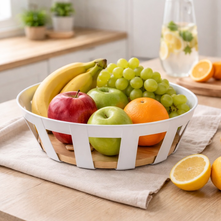 Dekoratív gyümölcskosár, Frandis, bambusz és fehér fém, 22 cm, 041214-es modell