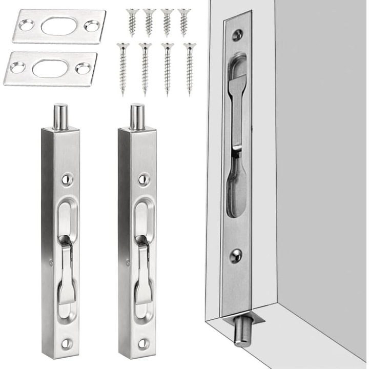 Pachet de 2 zavoare de usa de 15 cm, zavor de securitate din otel inoxidabil, incuietoare de usa ascunsa, zavor glisant, cu incuietoare si suruburi pentru usa de la intrare (argintiu)