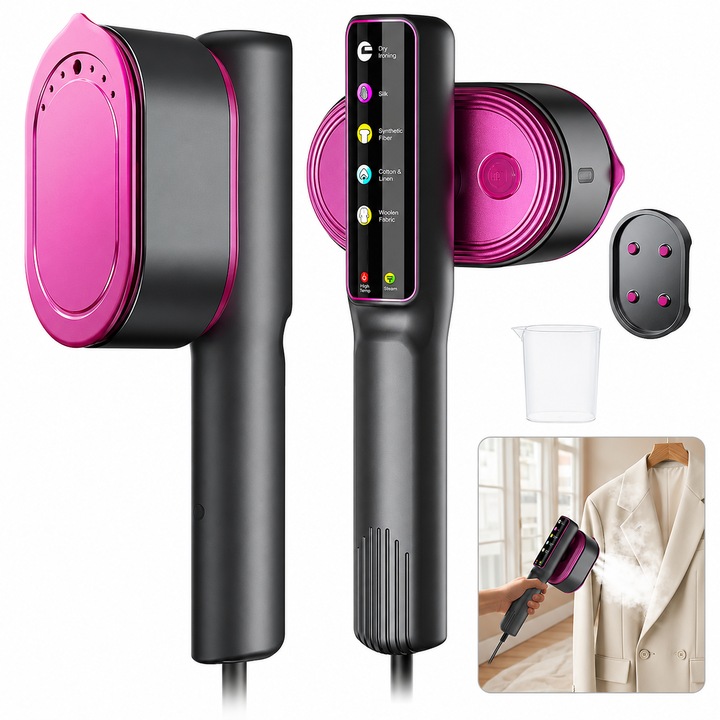 Fier De Calcat Vertical Si Orinzontal Portabil, Garsonal®, 1200W, 5 Moduri De Calcare, Cu Abur Si Talpa Ceramica, Display LED, Functie Umeda/Uscata, Rezervor 110ml, pentru calatorii, Negru/mov