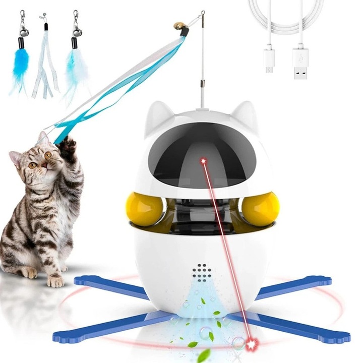 Jucarie interactiva pentru pisici 3 in 1, Bedee, cu pene auto-rotative, lumina rosie, set pentru pisici de interior