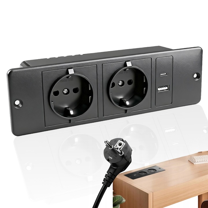 Priza incorporata YOUKUKE®, 4 in 1, 2 prize, 2M, 2 USB, negru