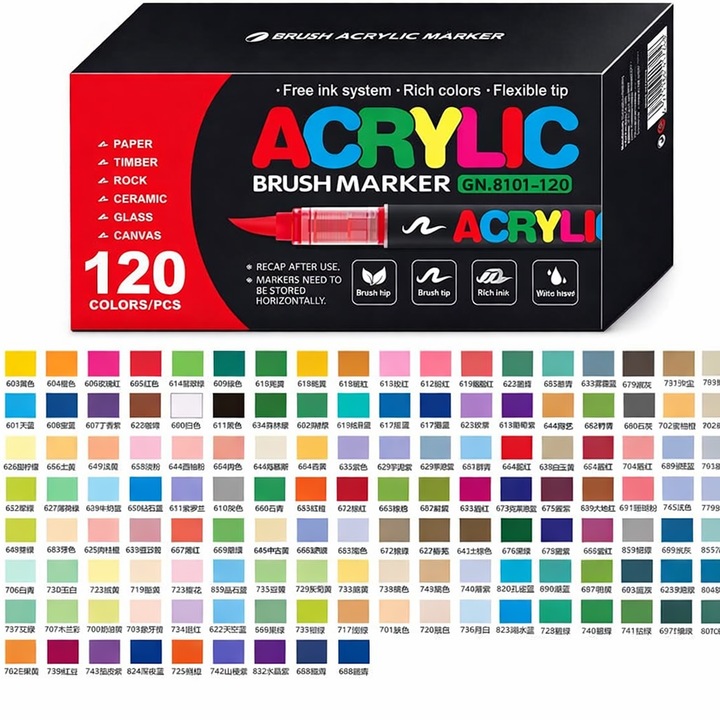 Set de Markere Acrilice 120 Culori, Varf Moale Rotund, Permanent, Multicolor