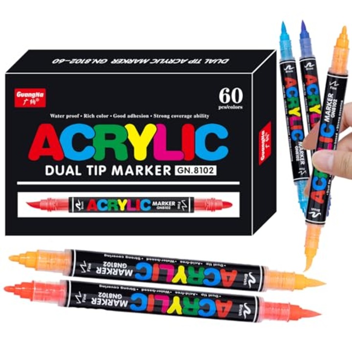 Set de Markere Acrilice cu 60 Culori, Design cu Doua Varfuri, Culoare Multicolor, pentru Pictura pe Diverse Suprafate