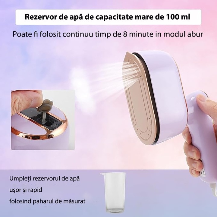 Fier de calcat portabil 2 in 1, Omelivon, abur si fier, 1000W, 5 secunde incalzire, 6 inch