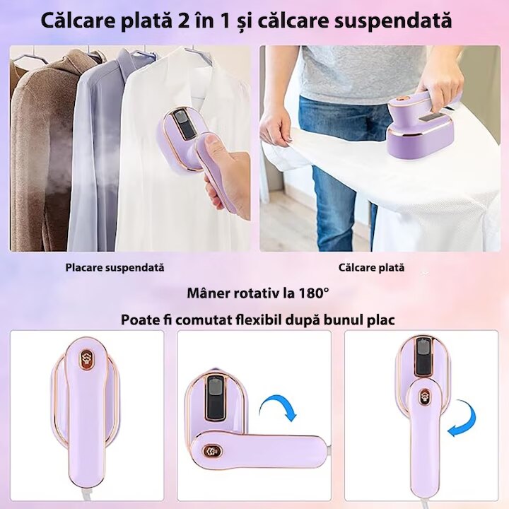 Fier de calcat portabil 2 in 1, Omelivon, abur si fier, 1000W, 5 secunde incalzire, 6 inch