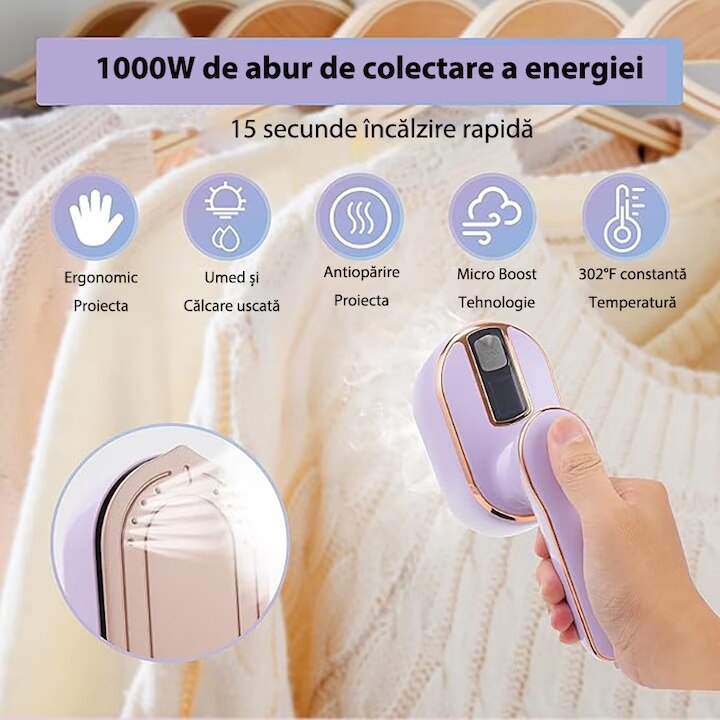 Fier de calcat portabil 2 in 1, Omelivon, abur si fier, 1000W, 5 secunde incalzire, 6 inch