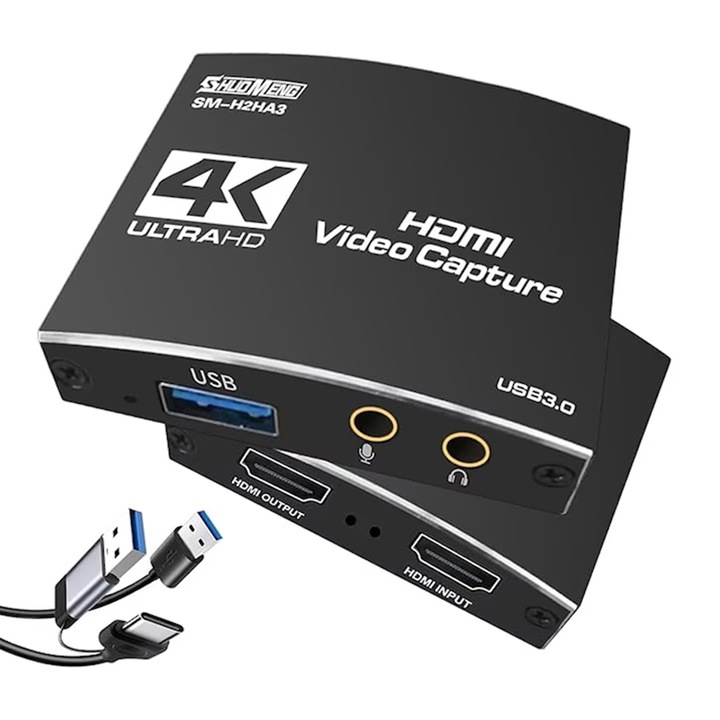 HDMI към USB 3.0 адаптер, Rqiurpn®, 4K HDMI Loop-Out, Full HD 1080P, 60FPS, за видео предаване, стрийминг на живо, конзоли PS4/5, Switch, PC, Xbox One и Xbox 360, Черен