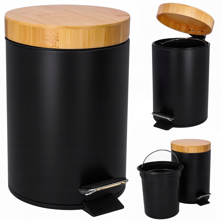 Cos de gunoi negru 3L pentru baie, metalic, cu pedala si capac bambus