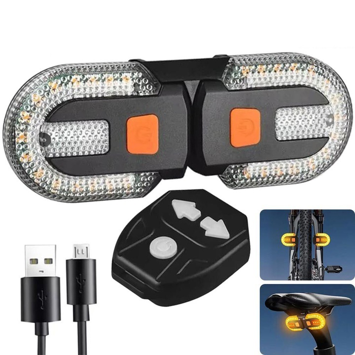 Lumini spate bicicleta, bedee, cu semnalizare LED si telecomanda wireless, 5 moduri, Cu sunet prompt al difuzorului, ABS, impermeabil, Detasabil in directii stanga si dreapta, incarcare USB, 30 lumeni