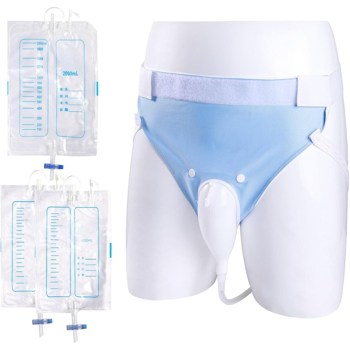 Sistem de drenaj urinar portabil LEFEKE, set cu cateter flexibil 1m, 2 saci colectare 1000ml si 2000ml, albastru