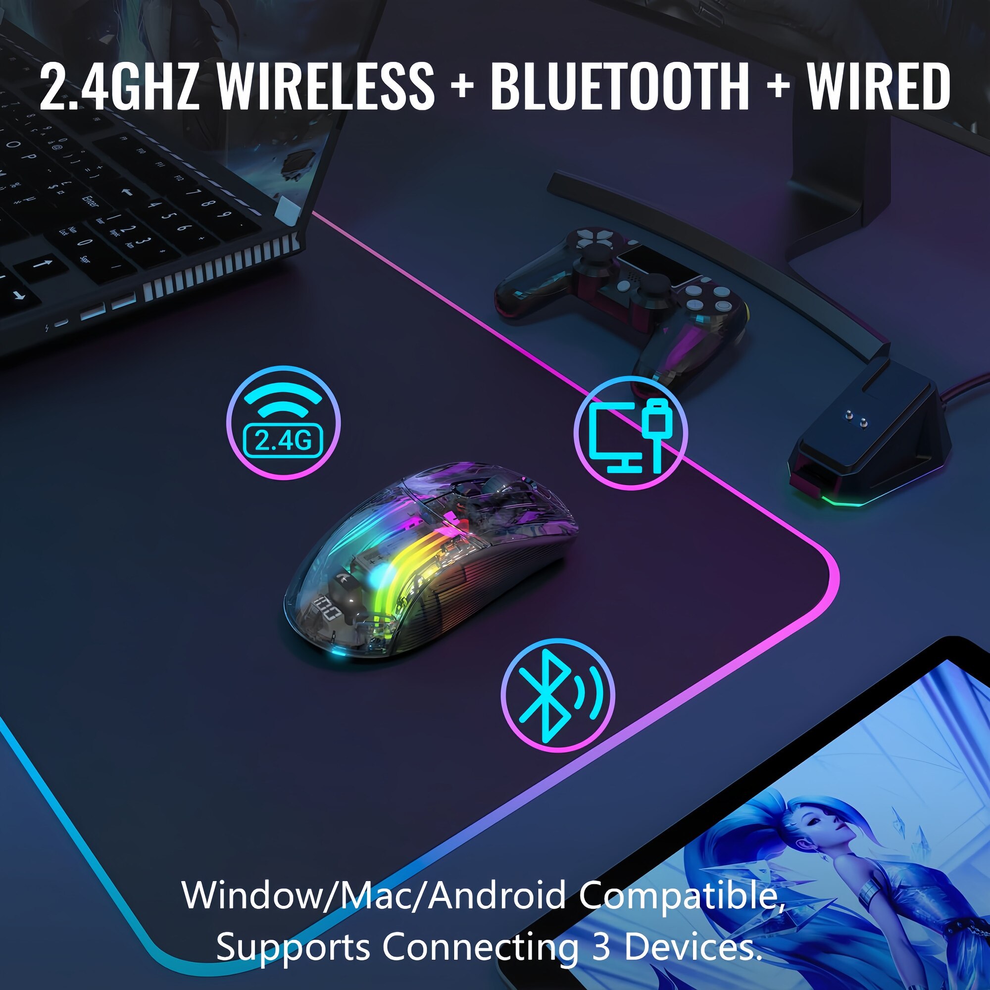 Rgb Transparent Mouse Computer X2 Pro Wireless Gaming Mouse with RGB Charging Dock, Tri-Mode PC Gaming ...
