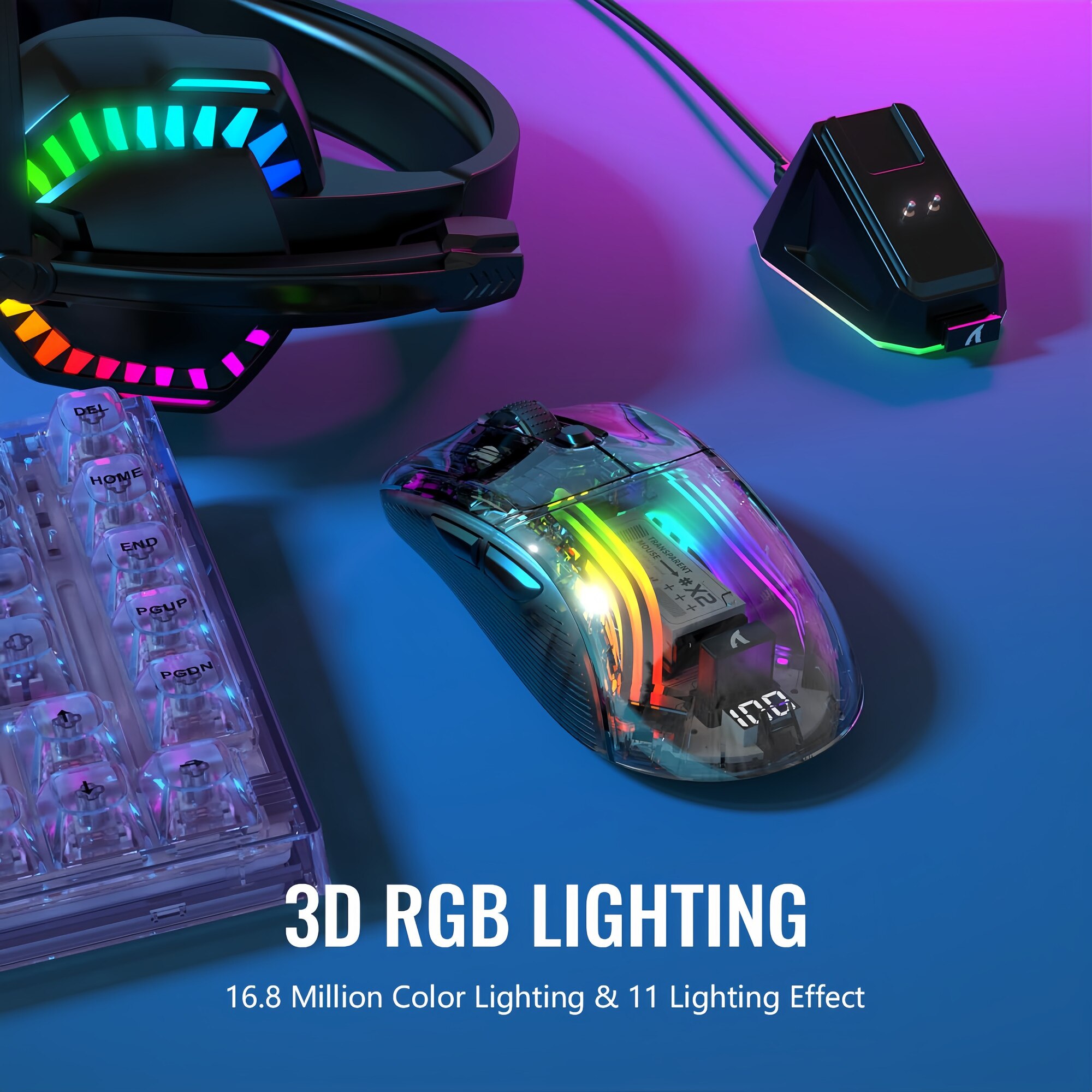 Rgb Transparent Mouse Computer X2 Pro Wireless Gaming Mouse with RGB Charging Dock, Tri-Mode PC Gaming ...