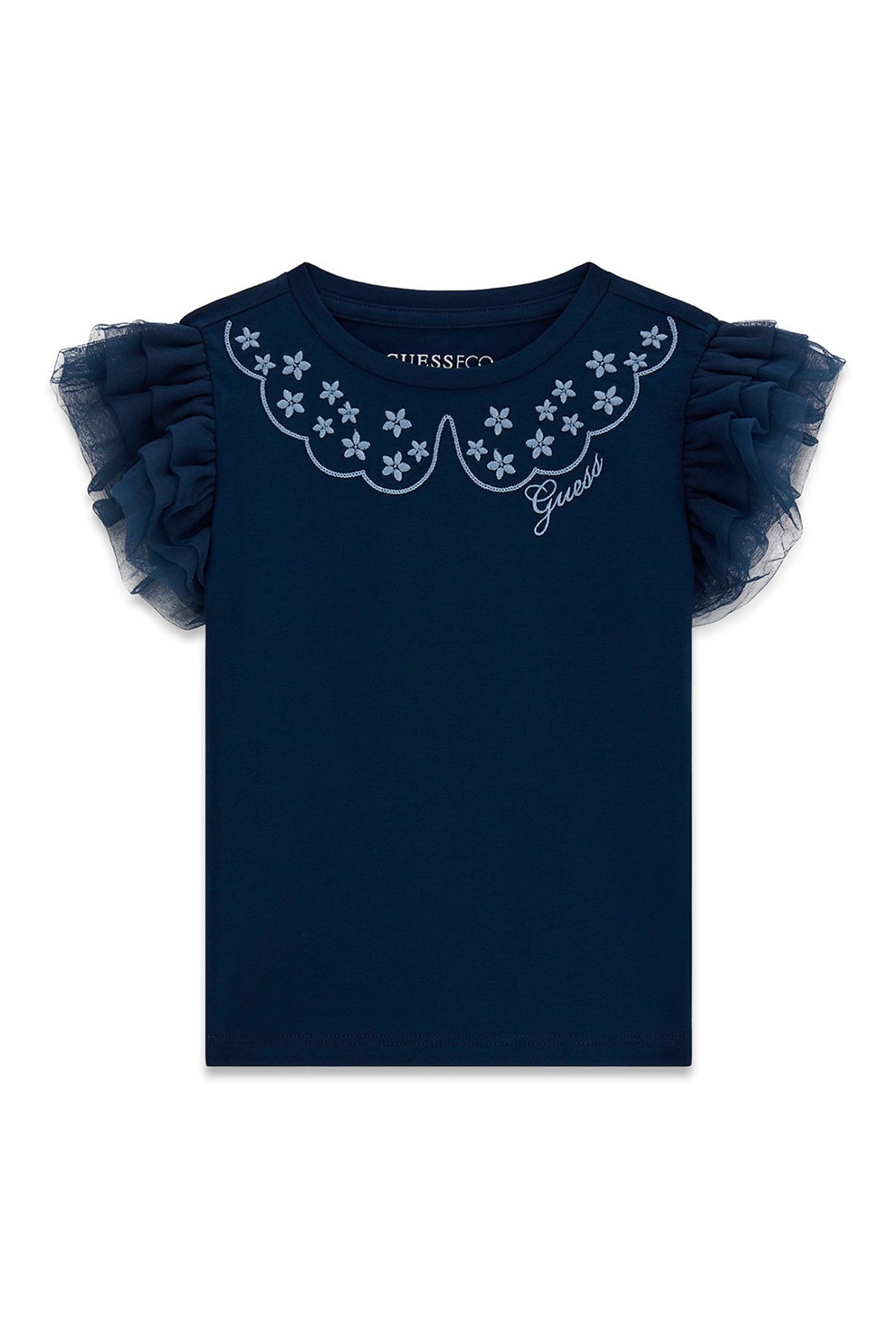 GUESS KIDS, Tricou cu broderie si maneci cu volane, Bleumarin, 118-122 CM