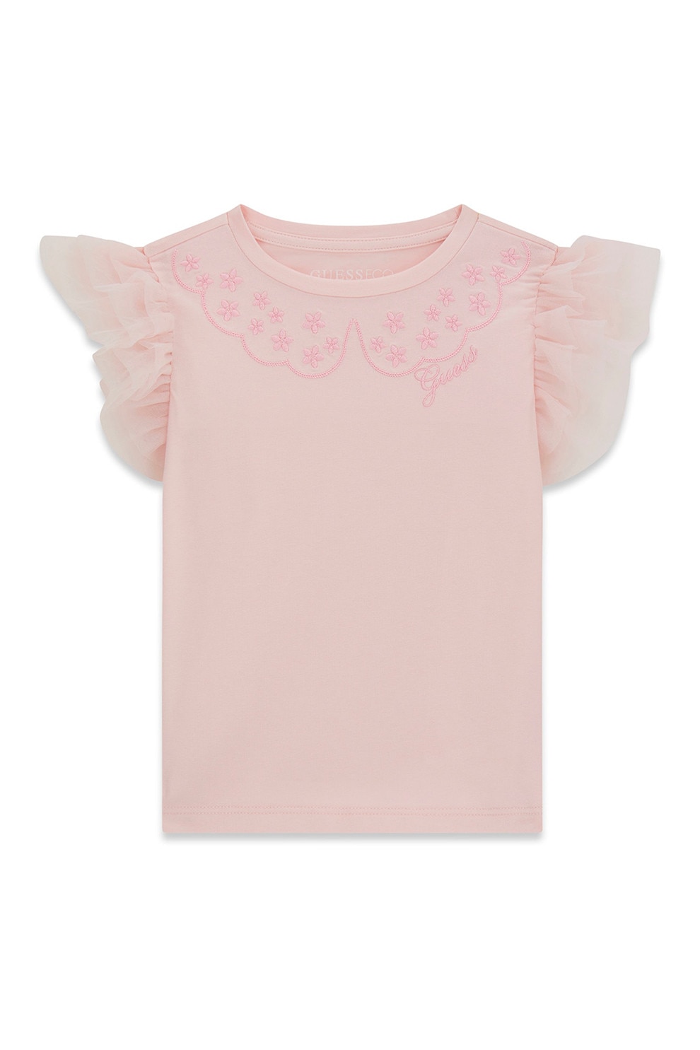 GUESS KIDS, Tricou cu broderie si maneci cu volane, Roz pal, 113-118 CM