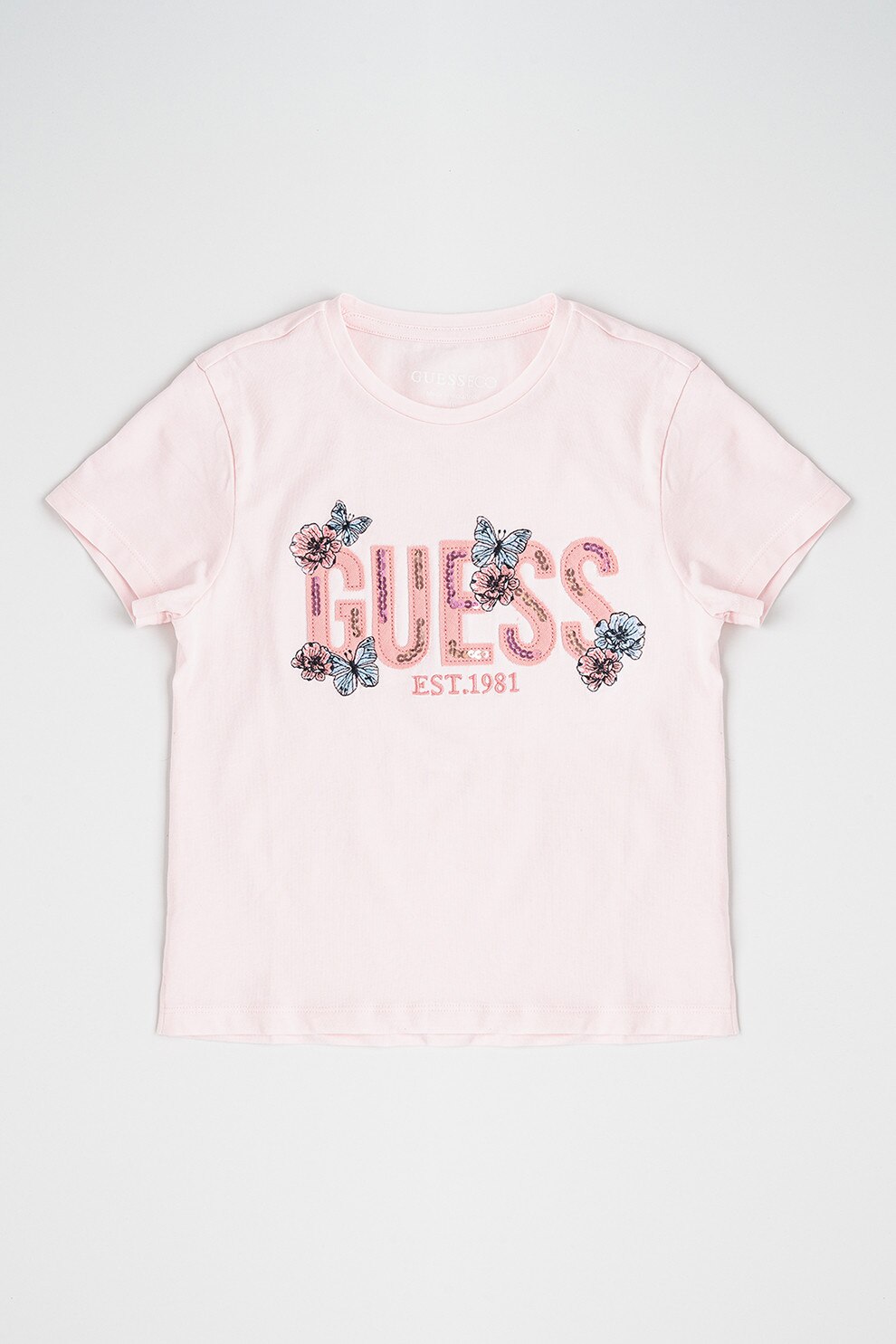 GUESS KIDS, Tricou cu logo si imprimeu floral, Roz pastel, Albastru, 122-125 CM