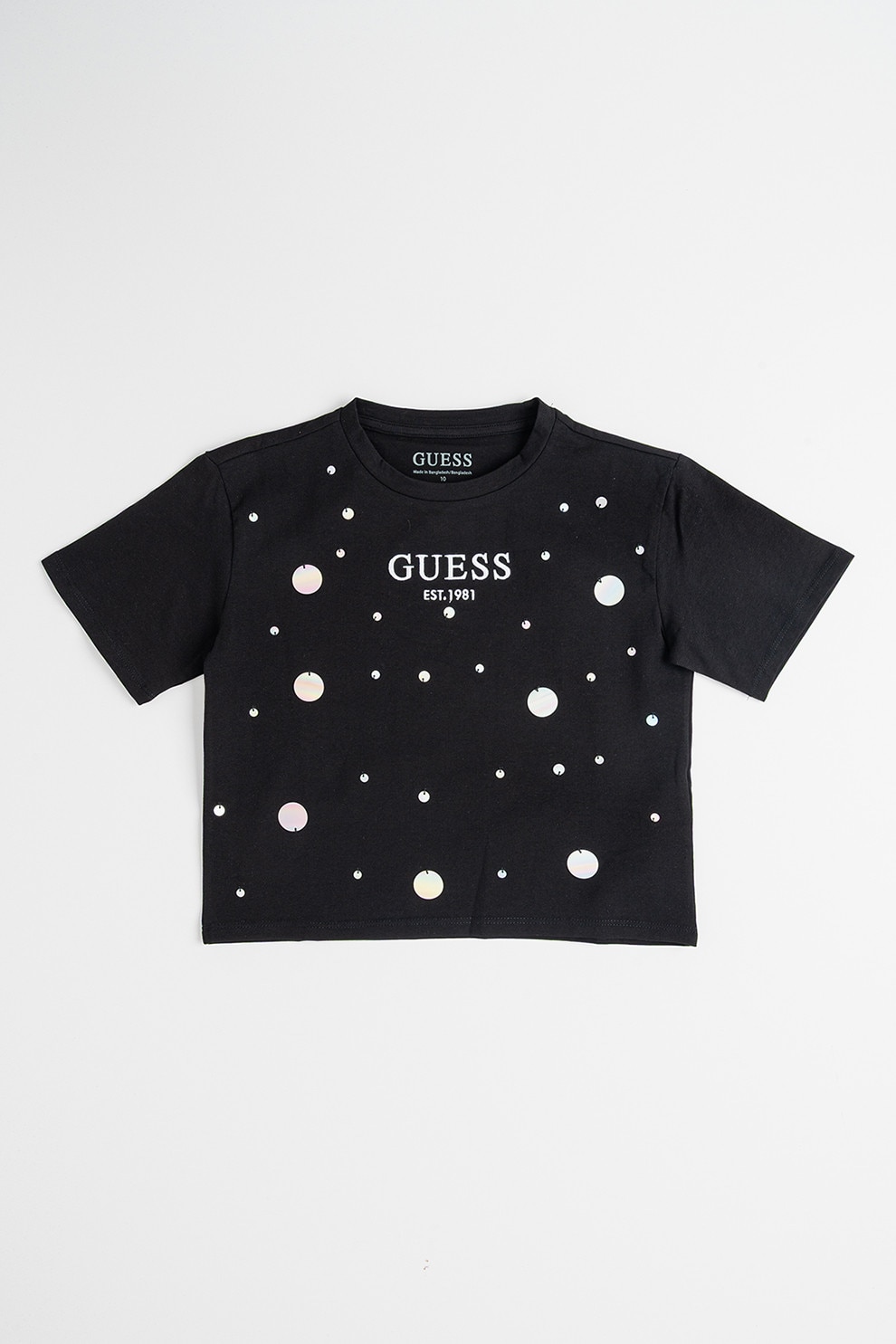 GUESS KIDS, Tricou din amestec de bumbac cu logo si aplicatii, Negru, Argintiu, 136-146 CM