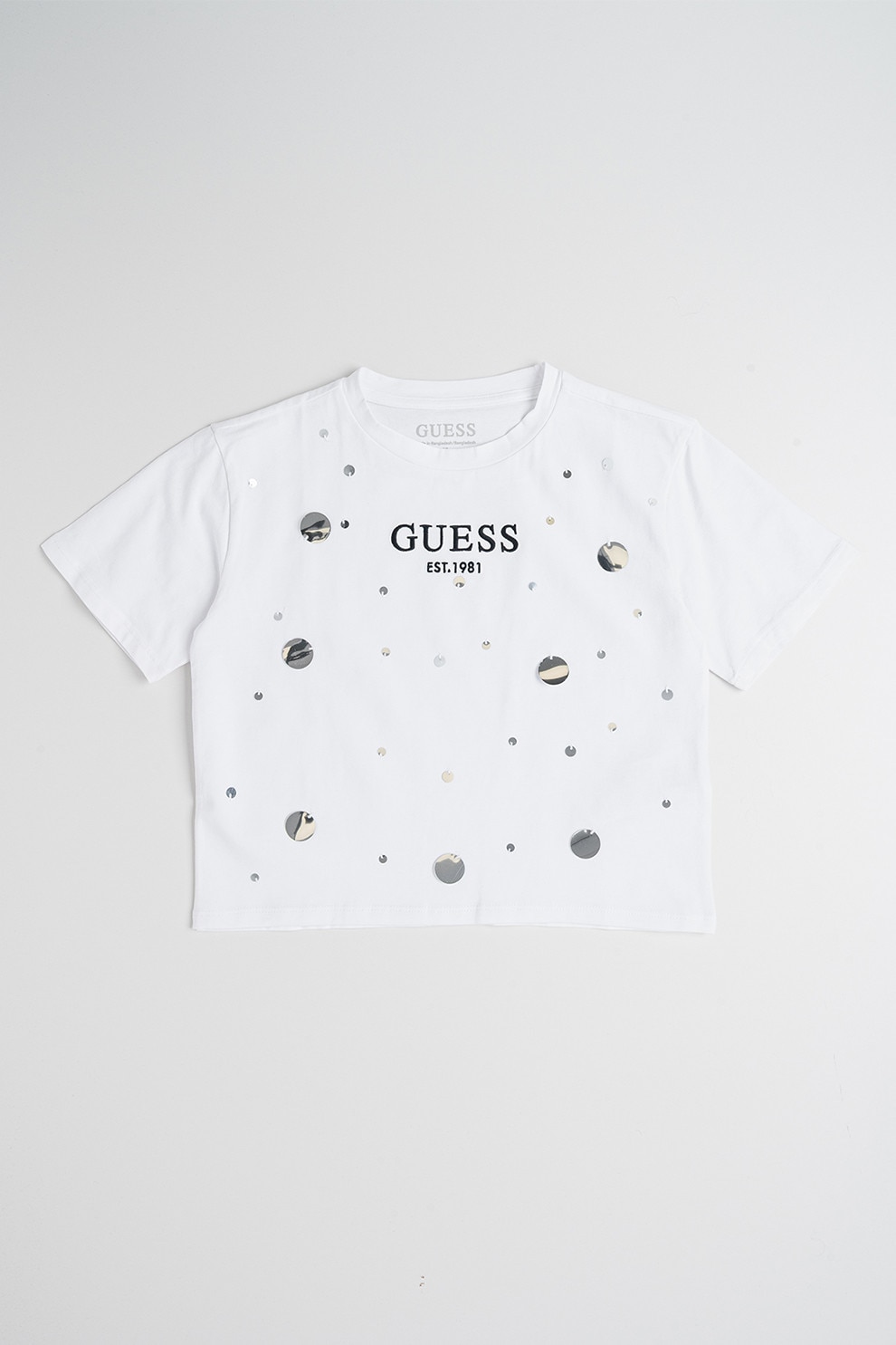 GUESS KIDS, Tricou din amestec de bumbac cu logo si aplicatii, Alb optic, Argintiu, 147-157 CM