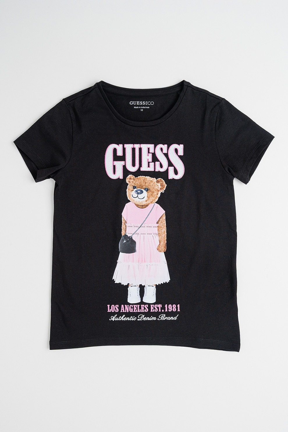 GUESS KIDS, Tricou din amestec de bumbac cu logo si imprimeu grafic, Negru, Maro, Roz, 157-166 CM