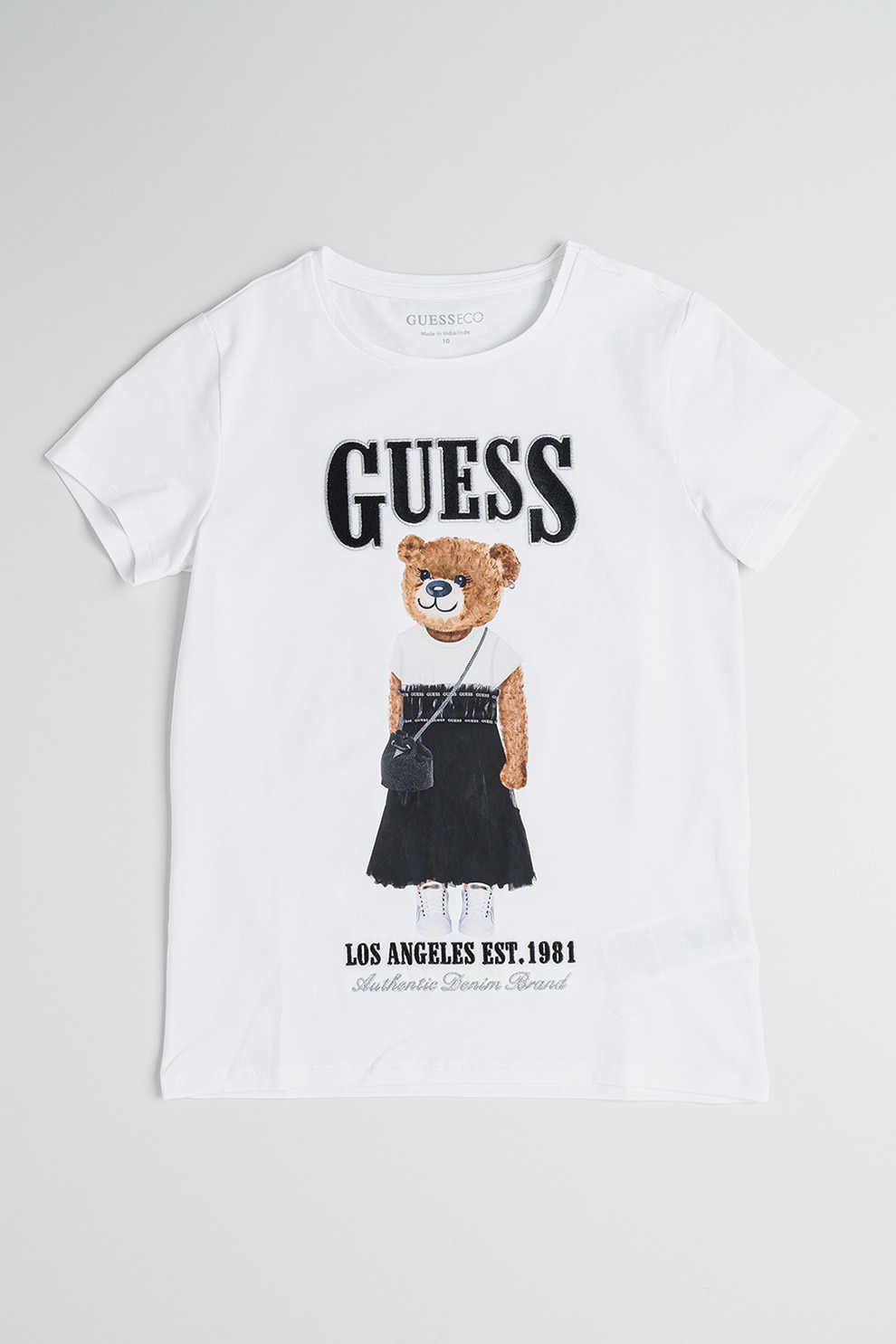 GUESS KIDS, Tricou din amestec de bumbac cu logo si imprimeu grafic, Alb, Negru, Maro, 157-166 CM