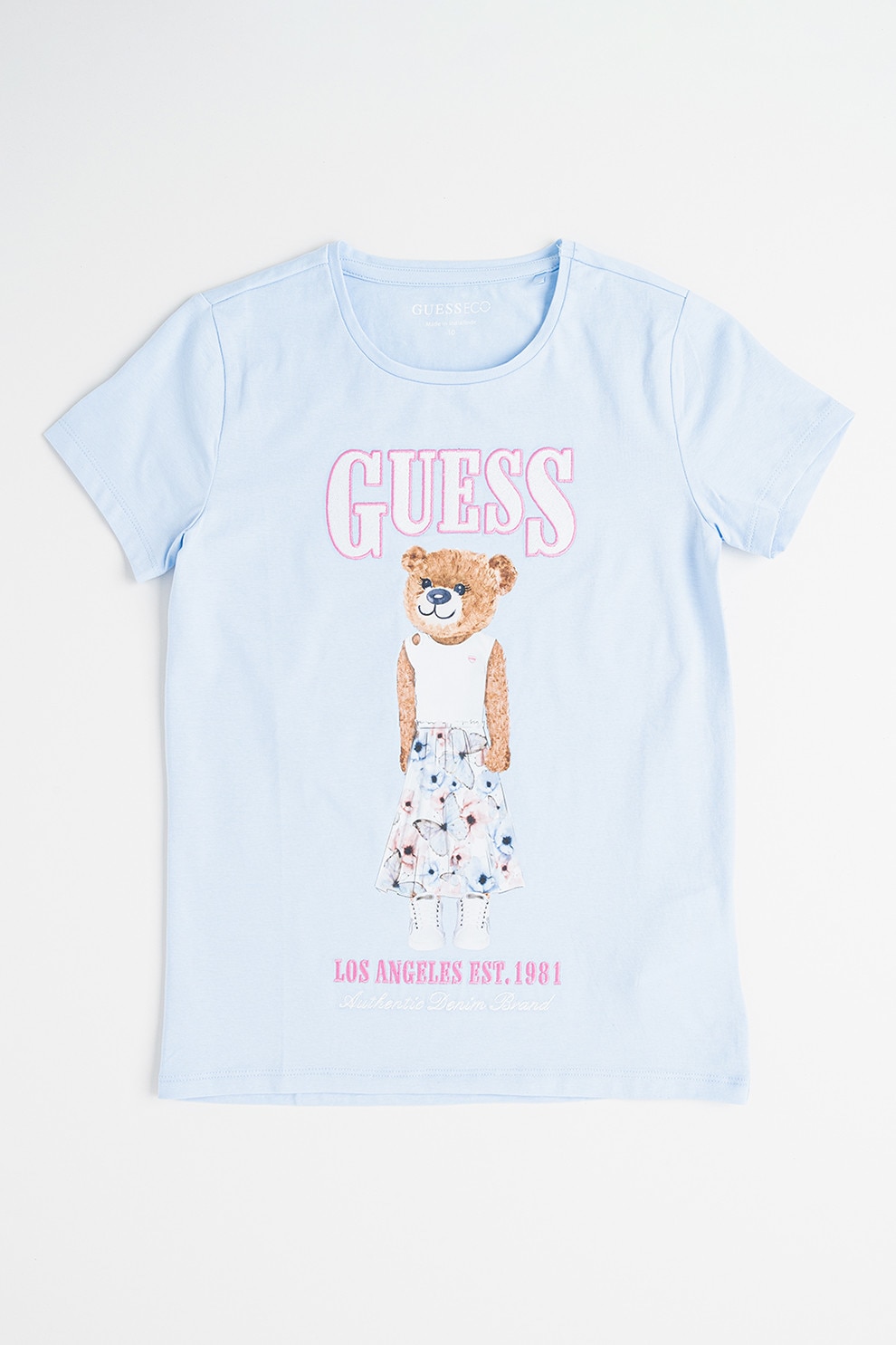 GUESS KIDS, Tricou din amestec de bumbac cu logo si imprimeu grafic, Maro, Roz, Albastru deschis, 136-146 CM