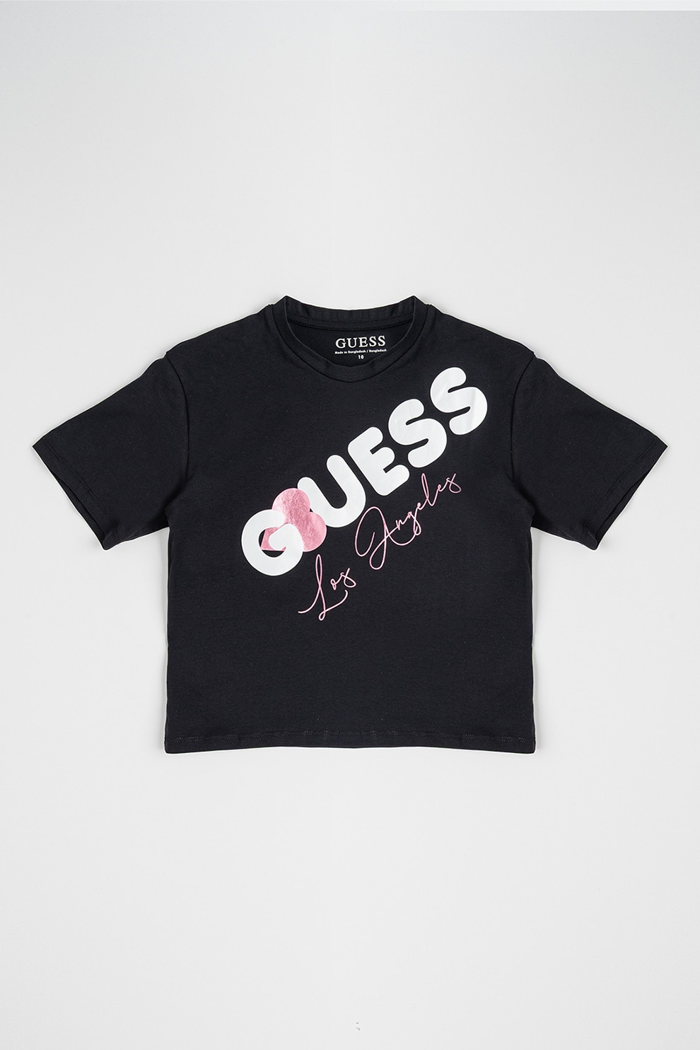 GUESS KIDS, Tricou cu imprimeu logo si decolteu la baza gatului, Alb, Negru, Roz, 157-166 CM