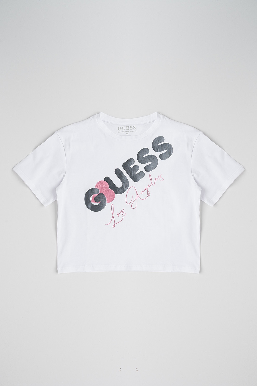 GUESS KIDS, Tricou cu imprimeu logo si decolteu la baza gatului, Alb, Gri inchis, Roz, 157-166 CM